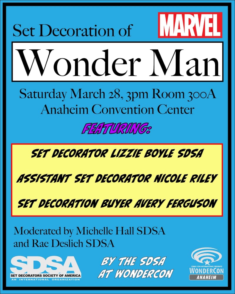 WonderCon panel flyer for the set decoration of Wonder Man, featuring Nicole Riley as assistant set decorator