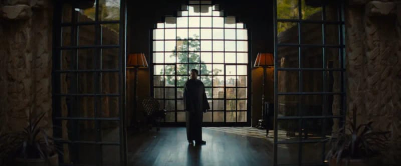 Figure silhouetted in a mansion doorway